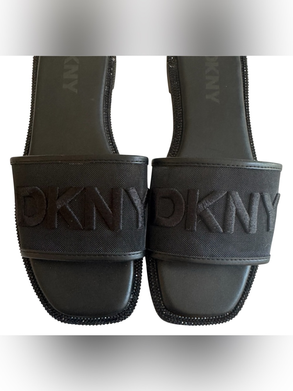 DKNY Black Logo Slides w/ Rhinestone Trim – Size 8 – Chic & Comfortable
